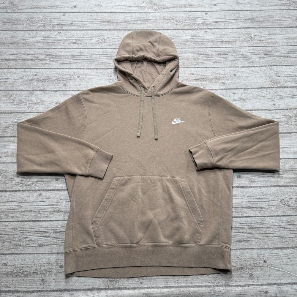 Nike Sportswear Hoodie Men's Large Tan Club Fleece Relaxed Fit Swoosh Streetwear